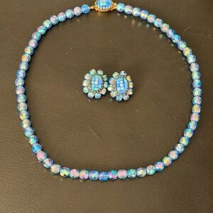 Vintage Glass Bead Blue Iridescent Coated necklace & clip earring Set 1950s Rare
